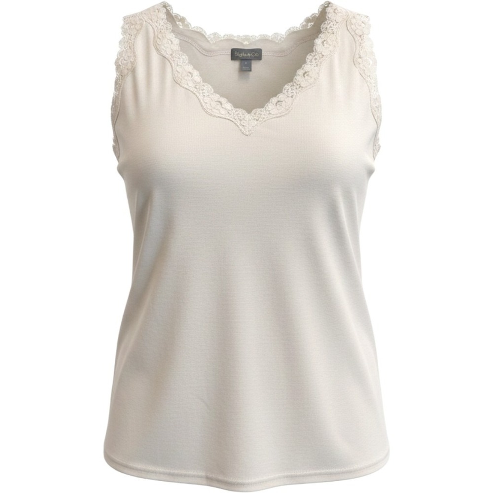 Layering Basic Cream Lace Trim V-Neck 100% Cotton Tank Top Sleeveless 4X